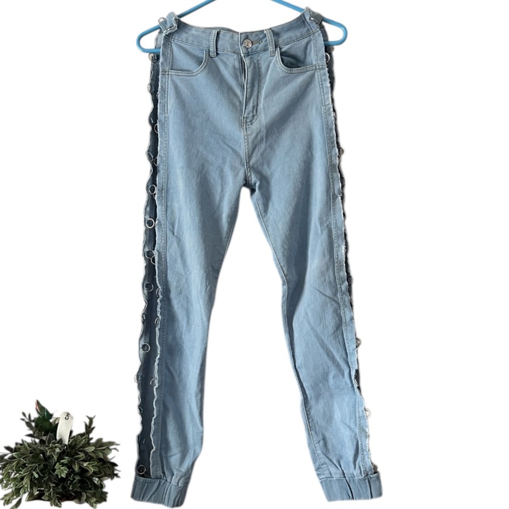 Light Blue Women's Jeans Side slits with O metal detailing Detailing